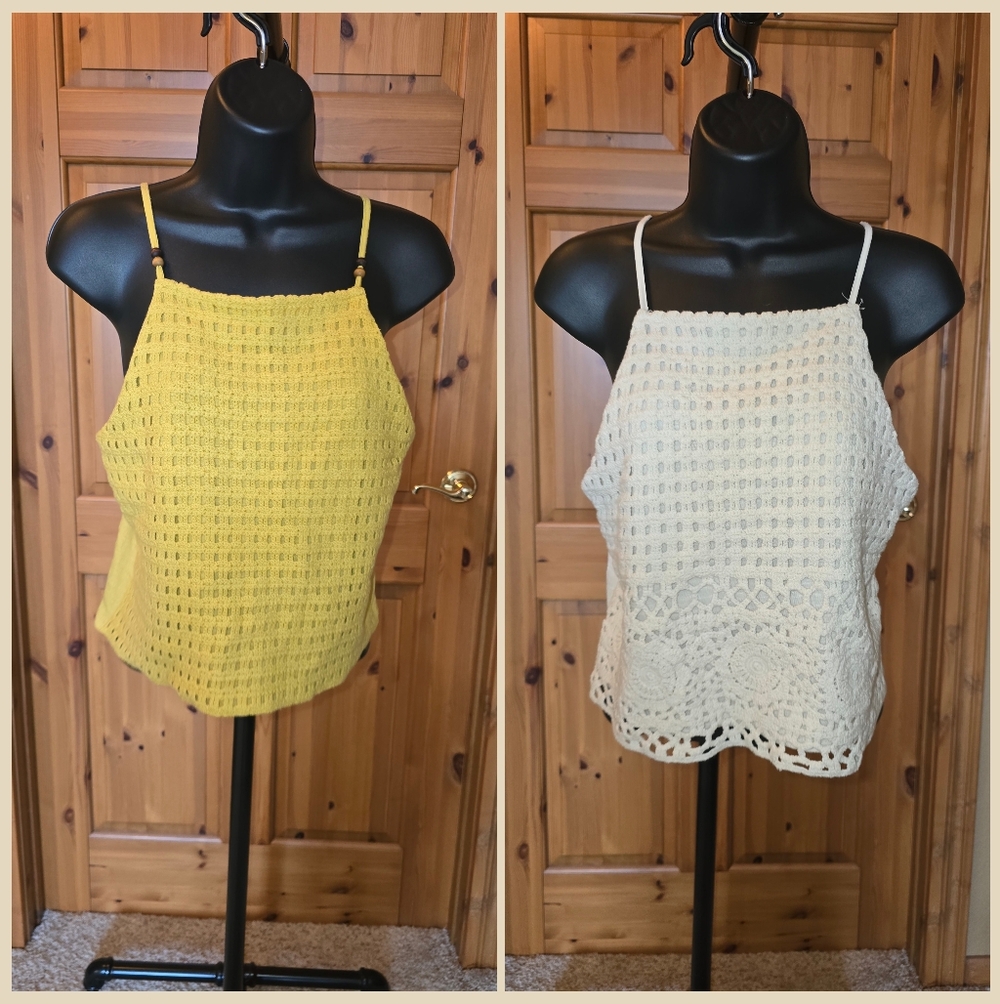 Love on a Hanger Yellow and Cream Crochet Camisoles